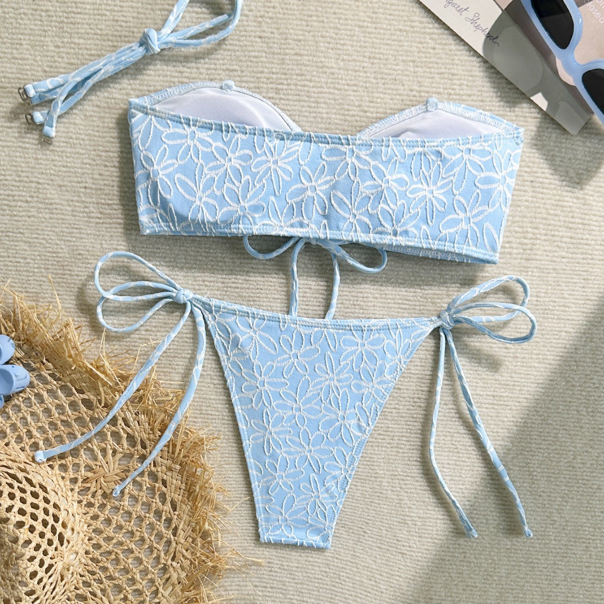 Bikini In Solid Color With A Light Reflecting Towel Like Fabric Womens Two Piece Swimsuit With Tie Up Straps