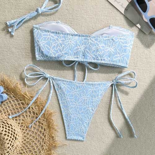 Bikini In Solid Color With A Light Reflecting Towel Like Fabric Womens Two Piece Swimsuit With Tie Up Straps