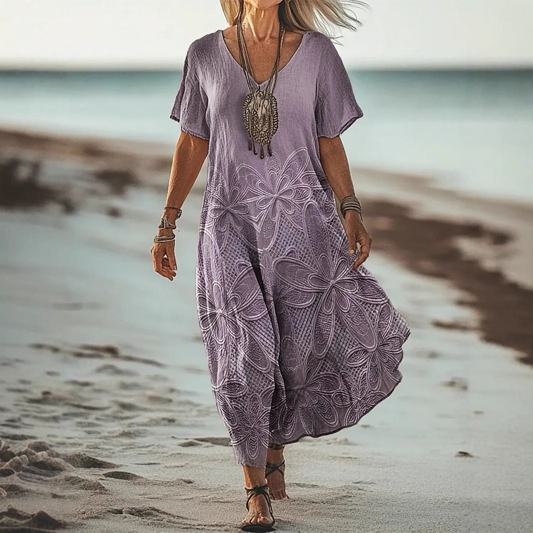 Creative Floral Womens V-Neck Short-Sleeve Dress