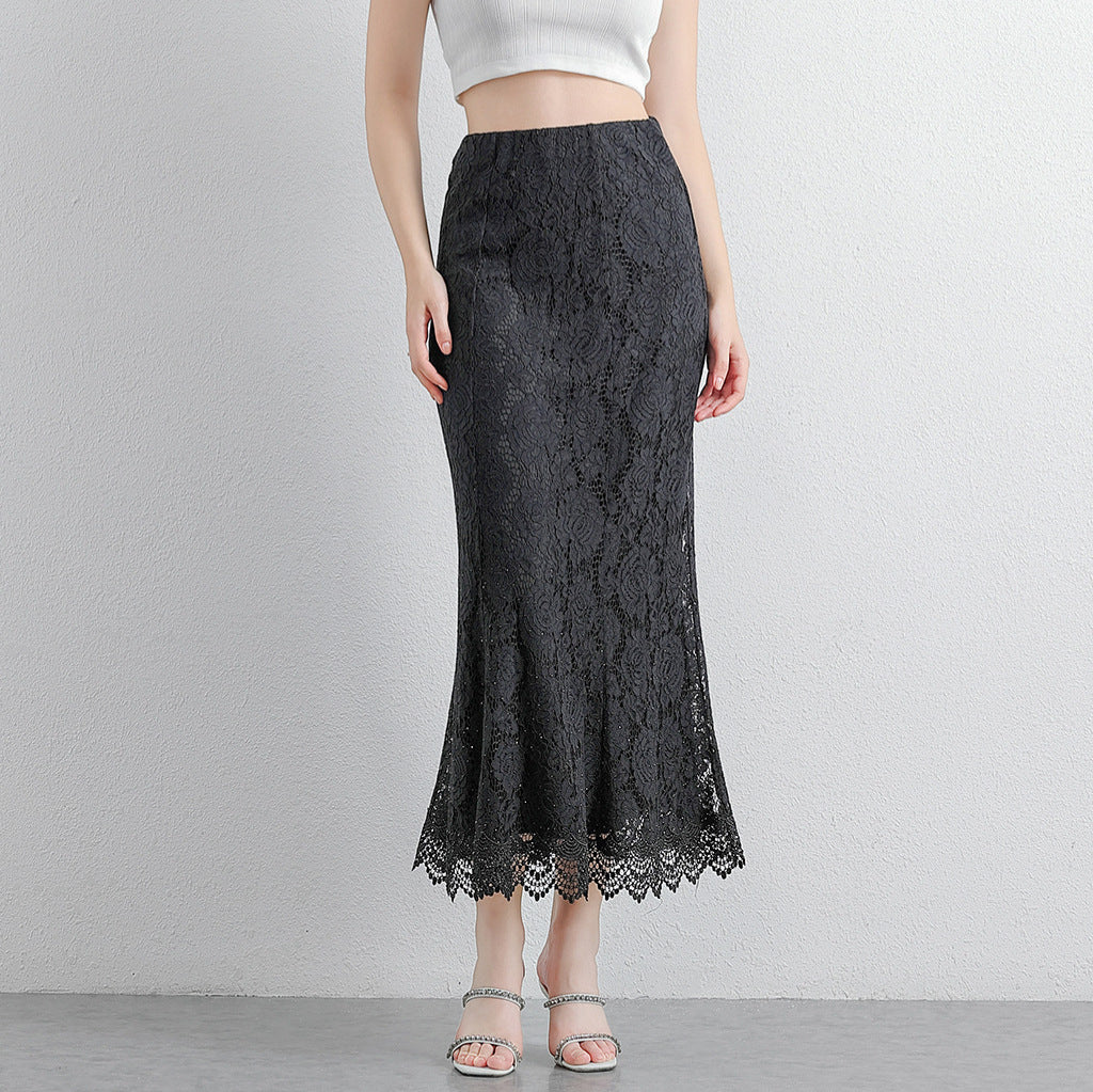 Hollow-out Rhinestone High-waist Figure-flattering Long Skirt