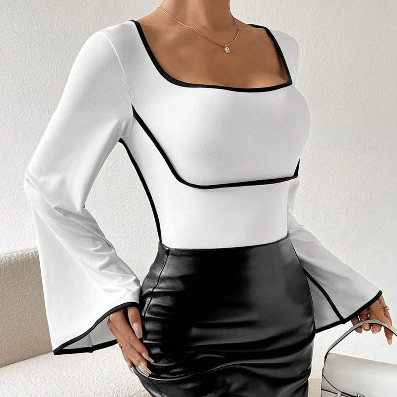 Women's Spliced Mandarin-collar Flared-sleeve