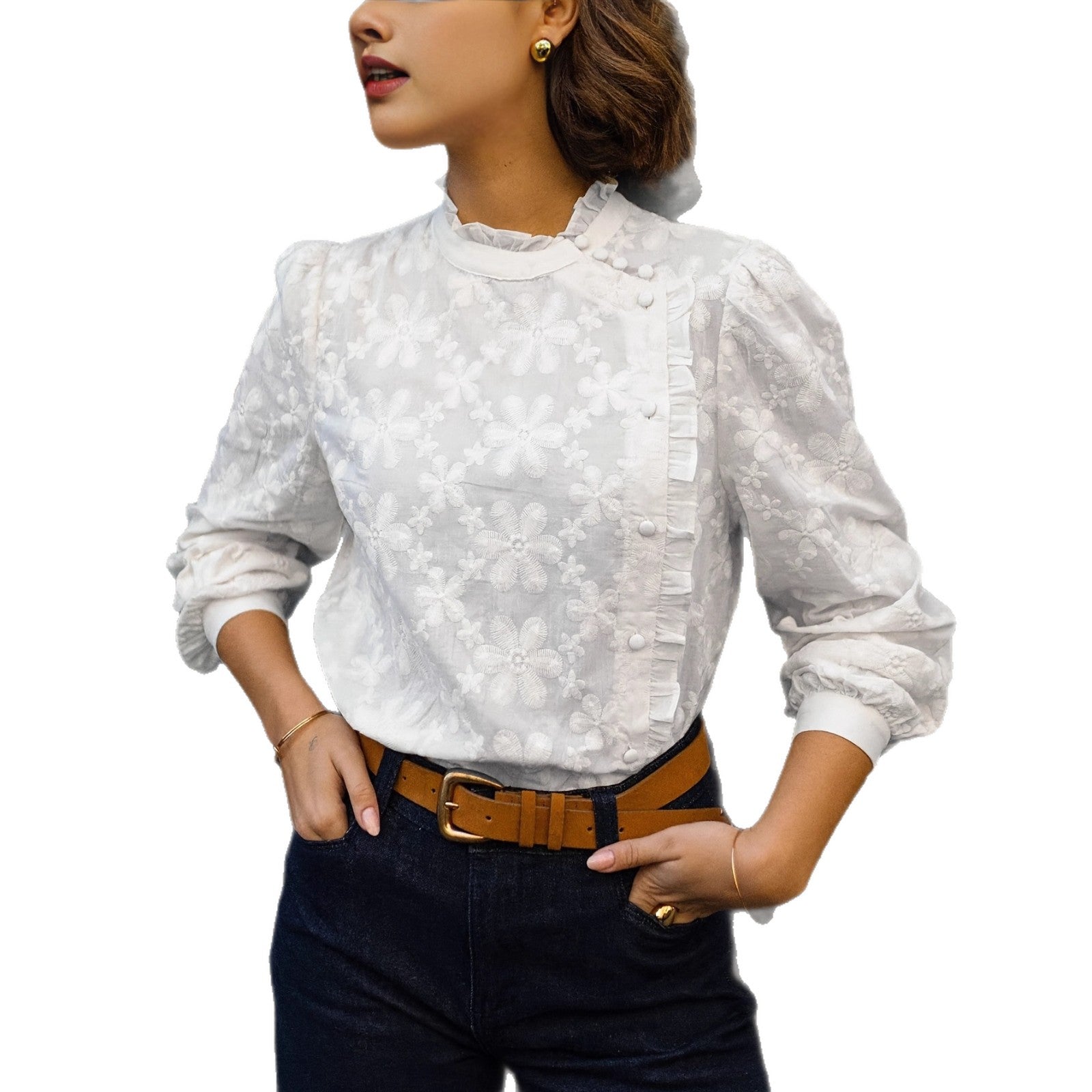 Women's Buttoned Ruffled-edge Embroidered Blouse