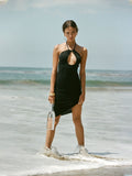 Womens Solid-Color Backless Hollow-Out Halter Dress