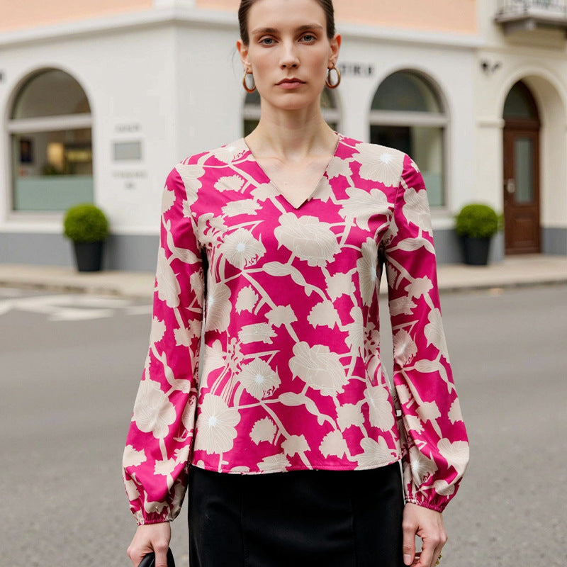 Women's Printed V-Neck Long-Sleeve Shirt