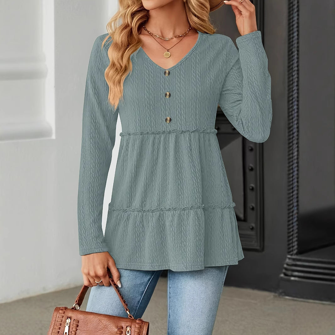 Women's Solid-color V-neck Button-panel Loose Long-sleeve Top