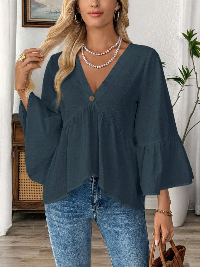 Women's Solid-Color V-Neck Top With Ruffle Sleeves