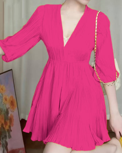 Solid-color V-neck Dress For Spring And Summer