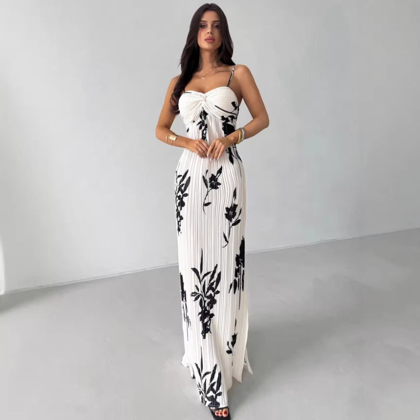Printed High-waisted Figure-flattering Draped Sexy Dress