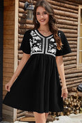 Casual Loose V-Neck Printed Defined-Waist Short-Sleeve Womens Dress