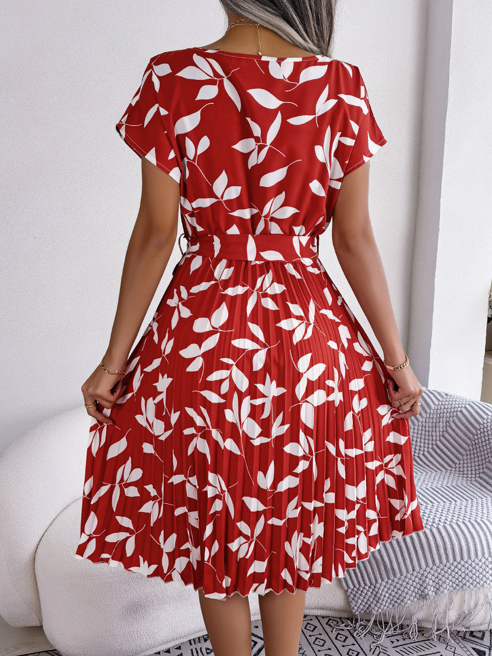 Women's Casual Leaf Print Short Sleeve Flowy Pleated Dress