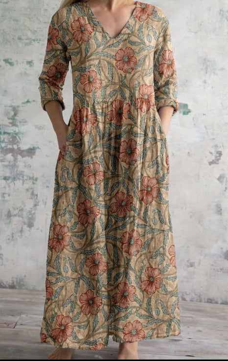 Womens Loose Stylish V-Neck Printed Dress