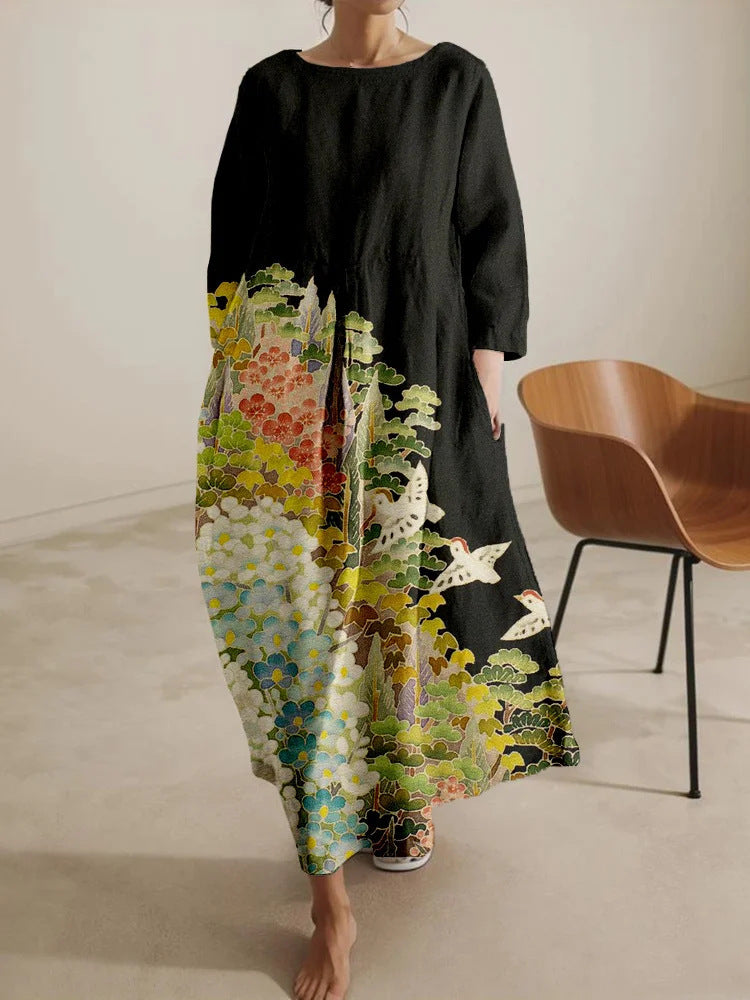 Relaxed-fit Crew-neck High-end Midi-length Printed Dress