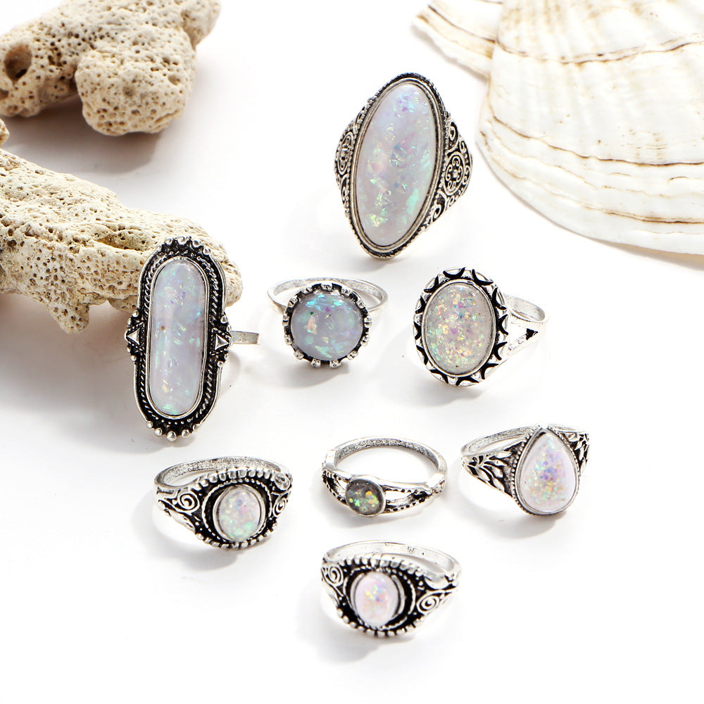 Vintage 8Pcs/Set Colorful Stone Metalic Rings