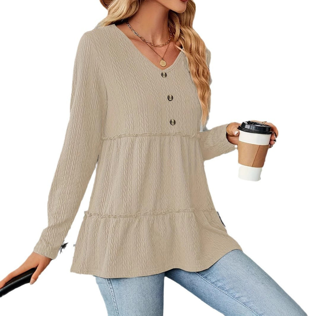 Women's Solid-color V-neck Button-panel Loose Long-sleeve Top