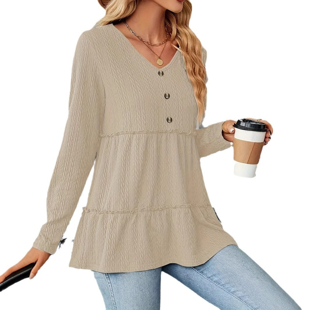 Women's Solid-color V-neck Button-panel Loose Long-sleeve Top