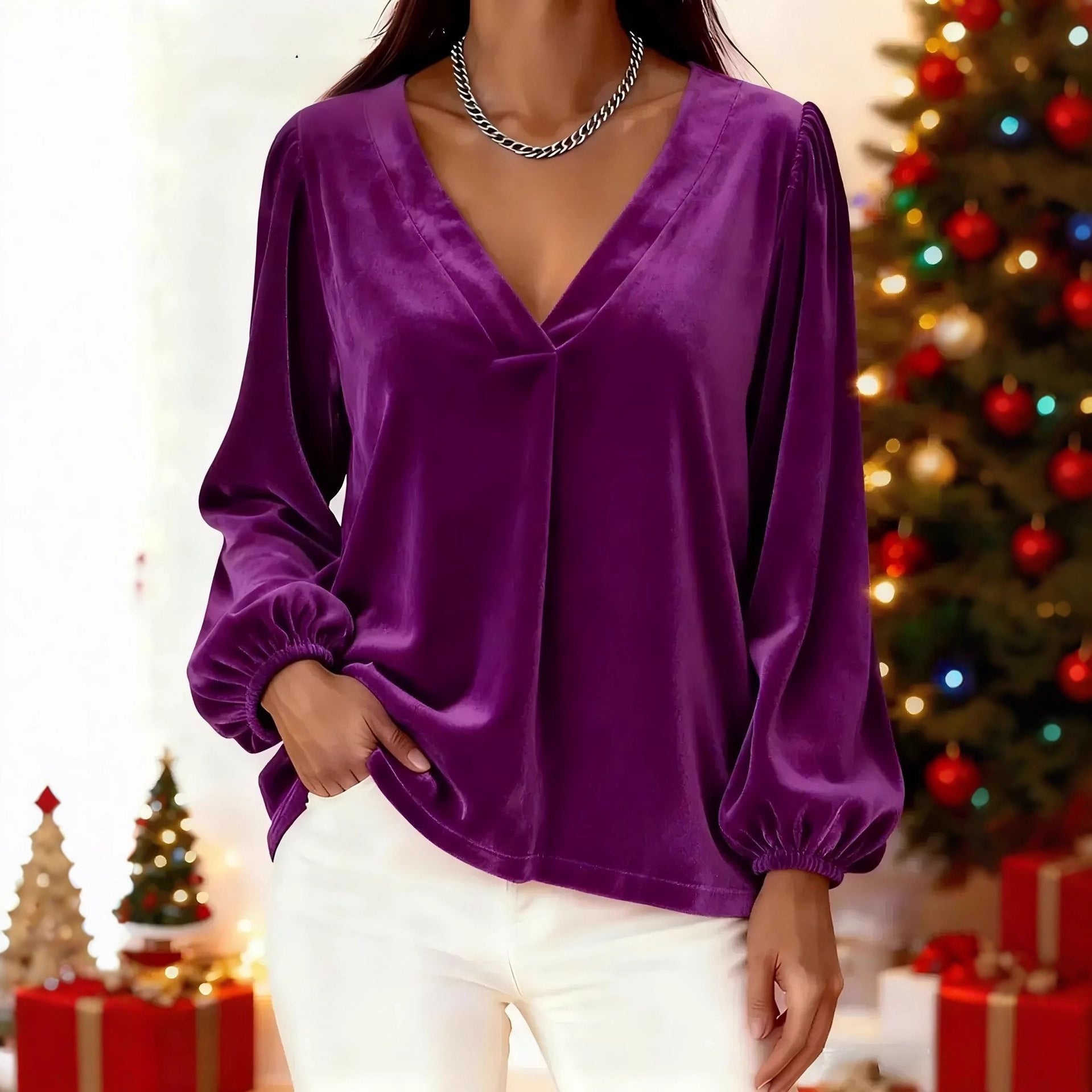 Velvet V-neck Elegant And Luxurious Lantern-sleeve Women's Top
