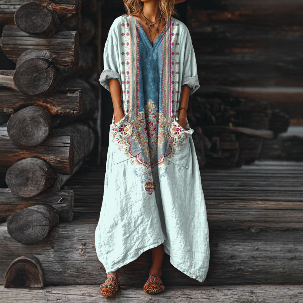 Womens Retro Floral Print V-Neck Dress