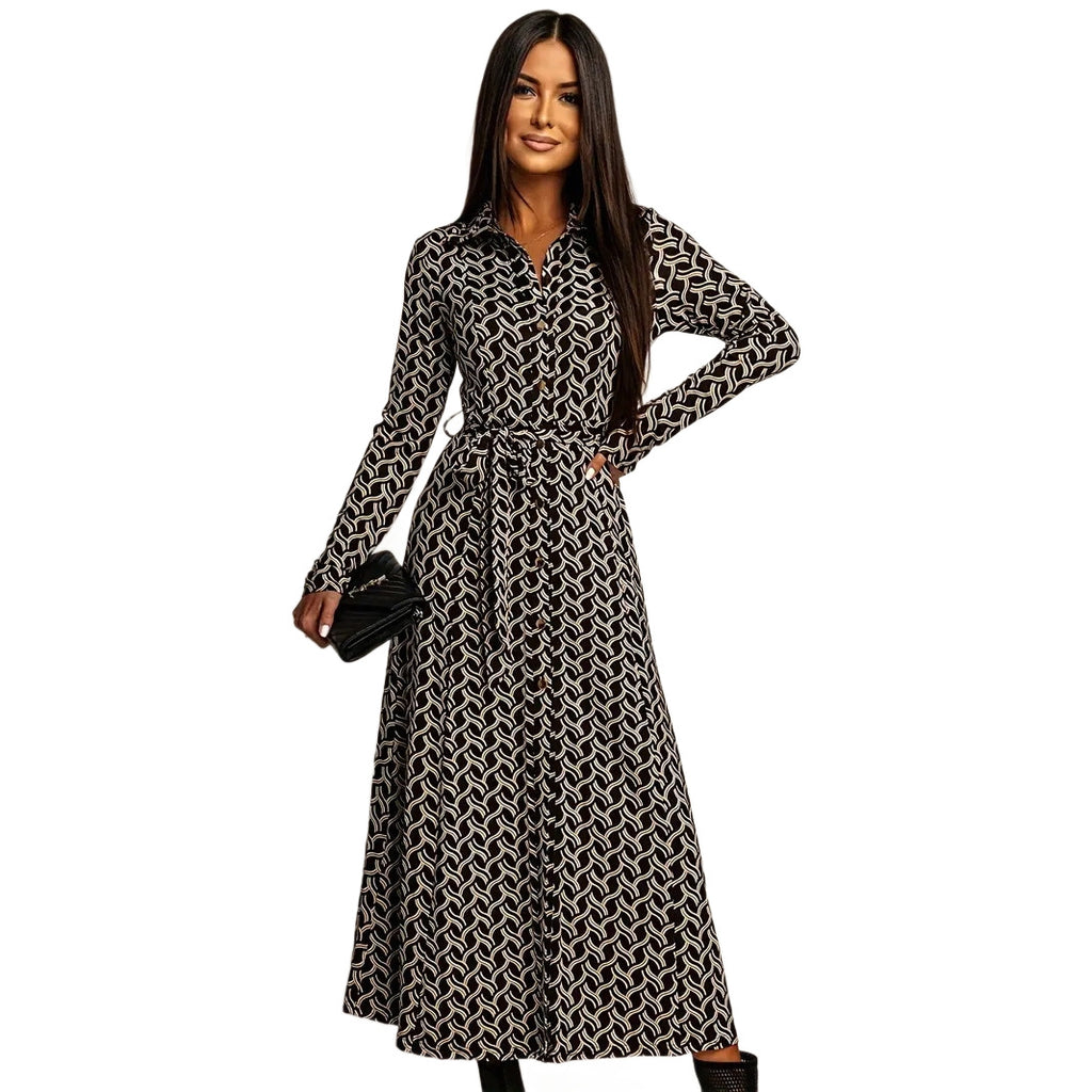 European And American-style Long-sleeve Waist-cinched Printed Dress