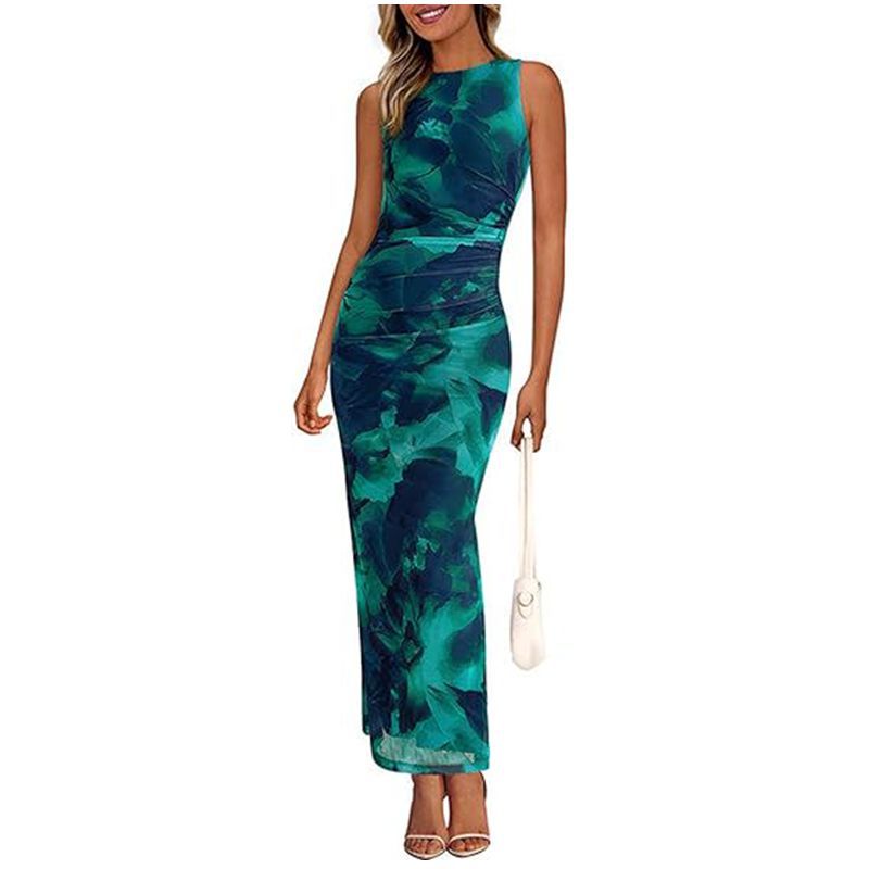 Womens Crew-Neck Pleated Floral Sheer Sleeveless Mesh Dress