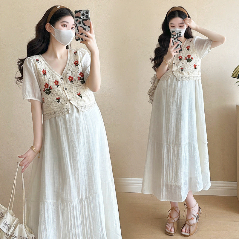 Fashionable Crochet Vest-Look Fake Two-Piece Maternity Dress