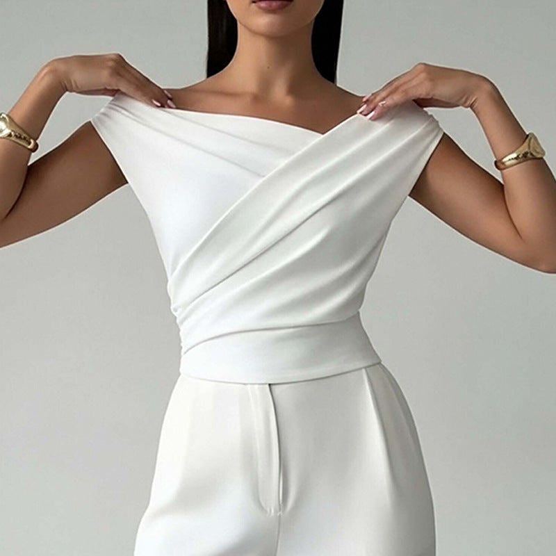 Color-blocked Asymmetric Shoulder Ruffled Hem Slim-fit Versatile Elegant Commuter Top