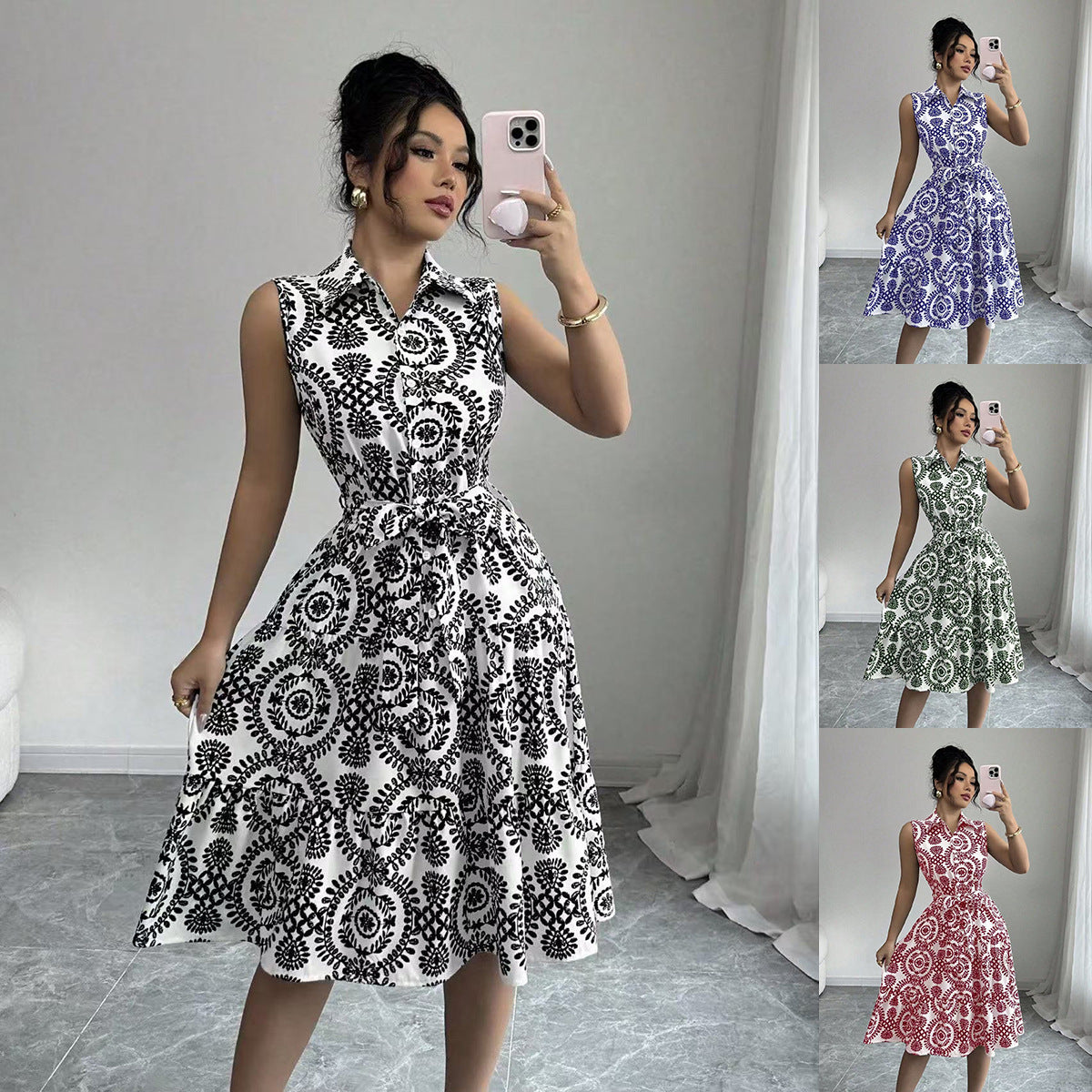 Stylish Printed Sleeveless Lace-Up Waist-Cinching Dress