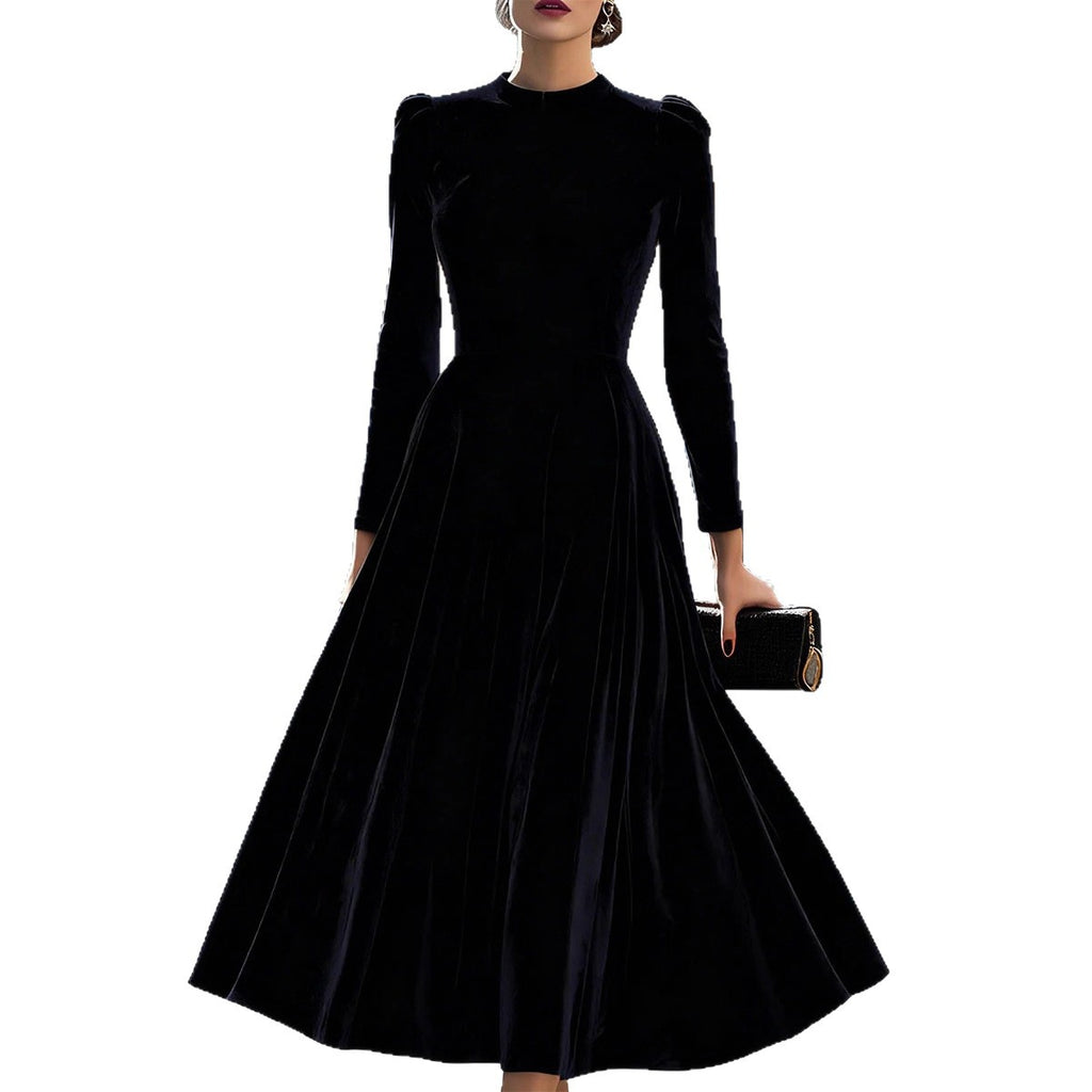 Womens Solid-Colored Casual Velvet Crew-Neck Long-Sleeve Dress