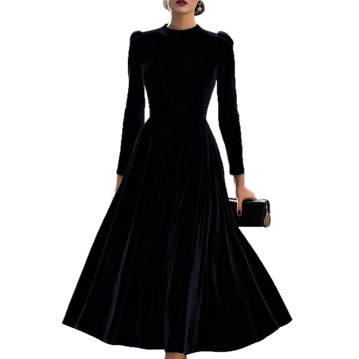 Womens Solid-Colored Casual Velvet Crew-Neck Long-Sleeve Dress