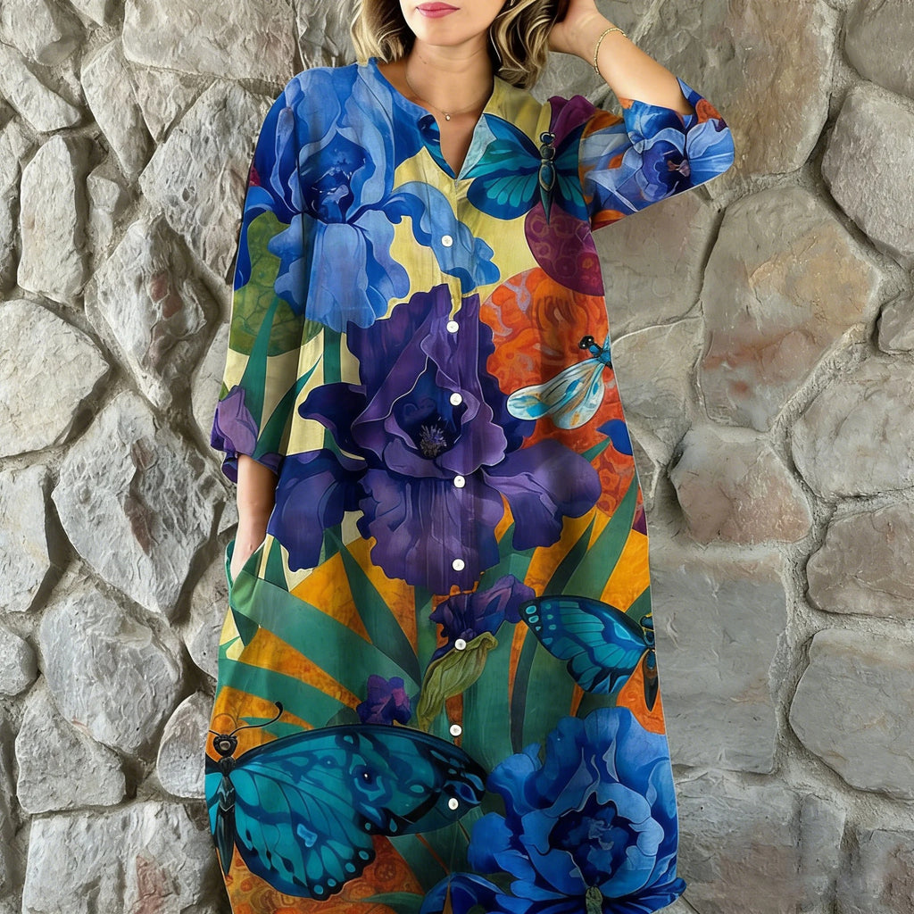 Colorful Iris Butterfly Print Midi Dress