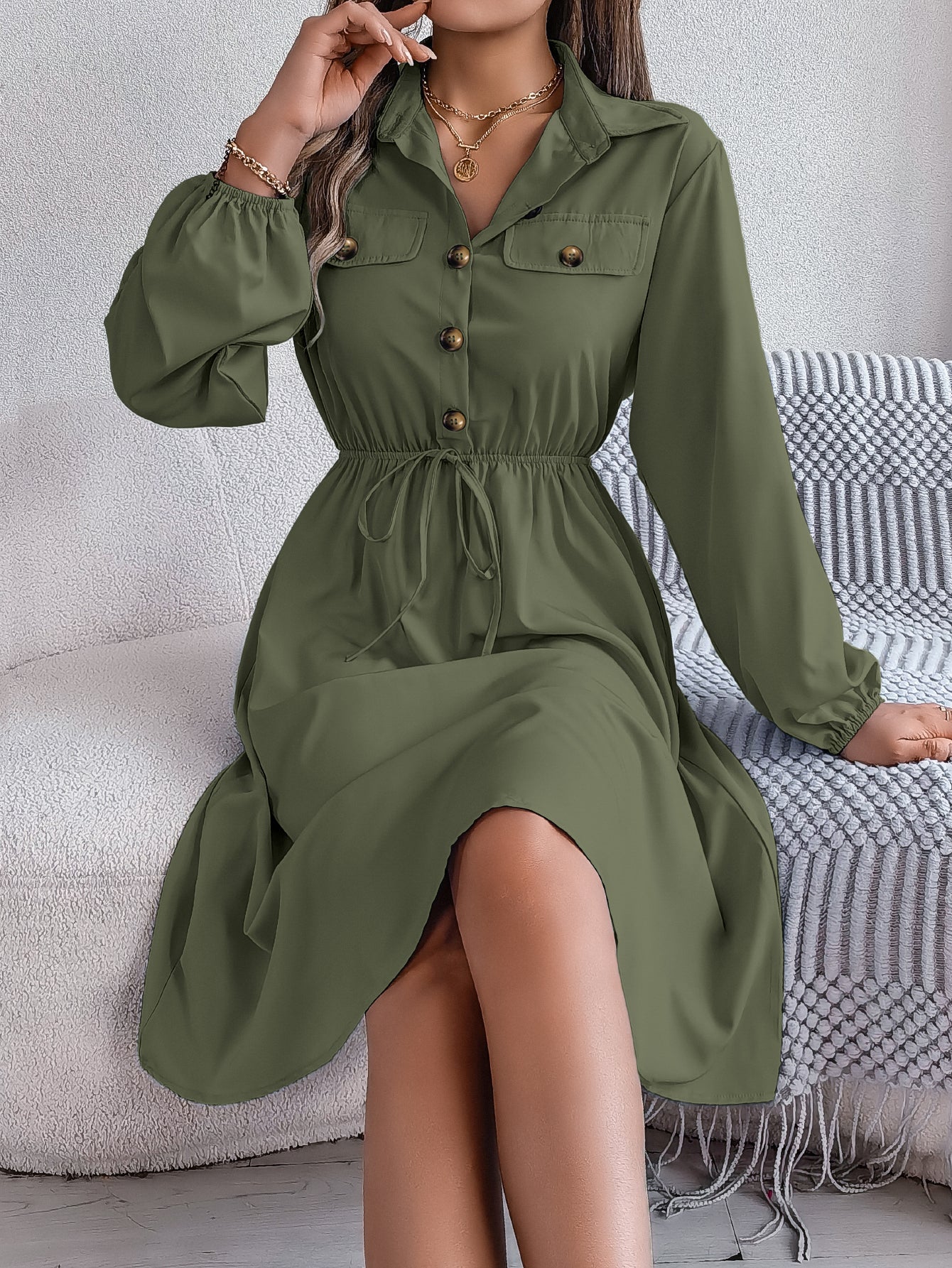 Women  Casual Button Tie Waist Long Sleeve Shirt Dress
