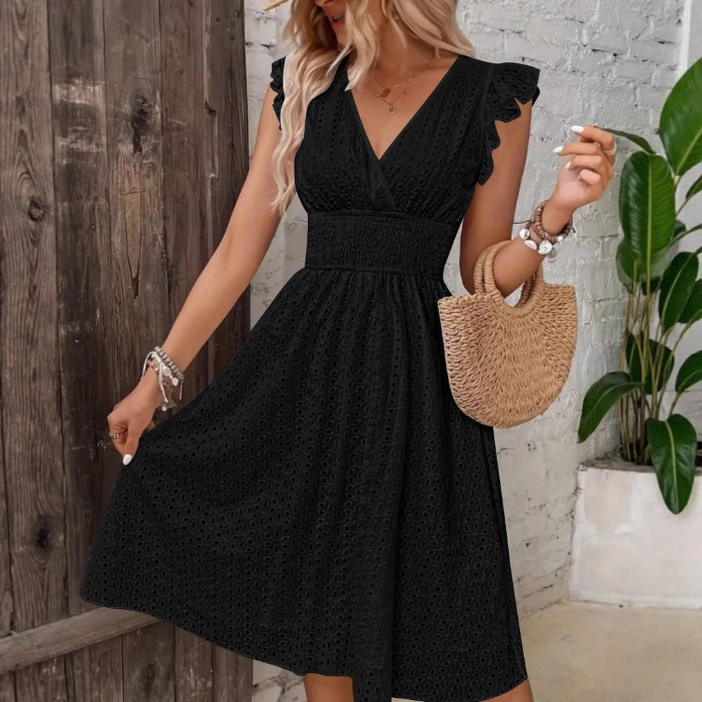Lotus-Leaf Sleeve V-Neck Hollow-Out Embroidered Dress