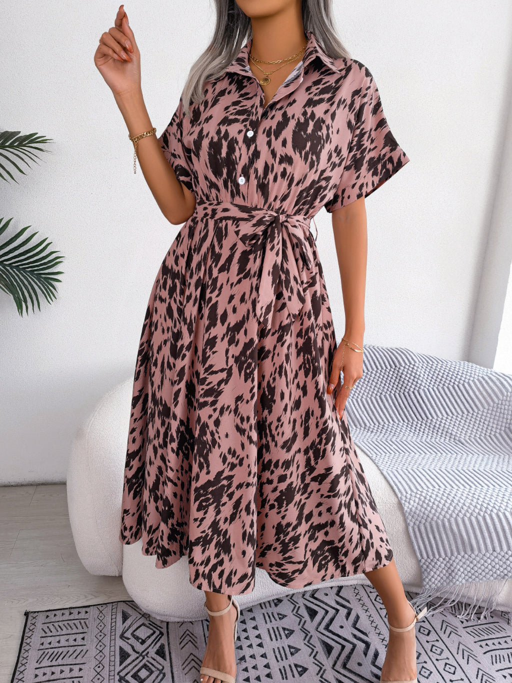 Women's Casual Loose Leopard Print Tie Waist Shirt Dress