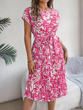 Women's Elegant Floral Print Short Sleeve Flowy Pleated Dress