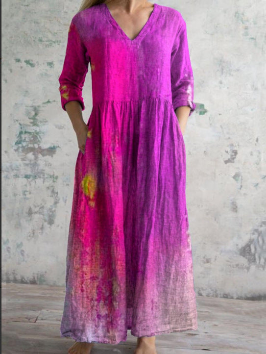 Womens Loose Stylish V-Neck Printed Dress