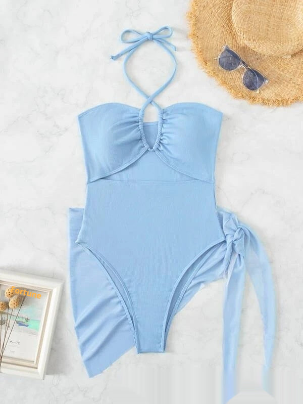 Multicolor Bikini Mesh Skirt Three Piece Womens Swimsuit