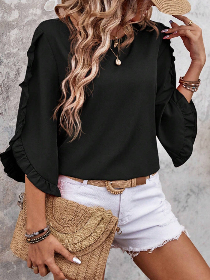 New Round-neck Lace Irregular Three-quarter Sleeve Top