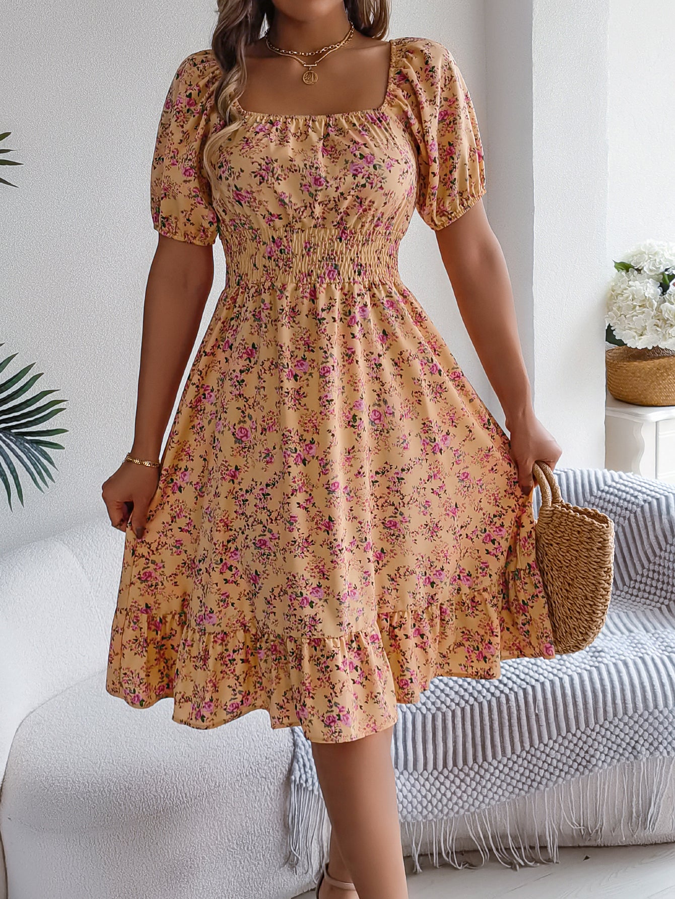 Women's Floral Print Square Neck Short Sleeve Tie Waist Ruffle A-Line Dress