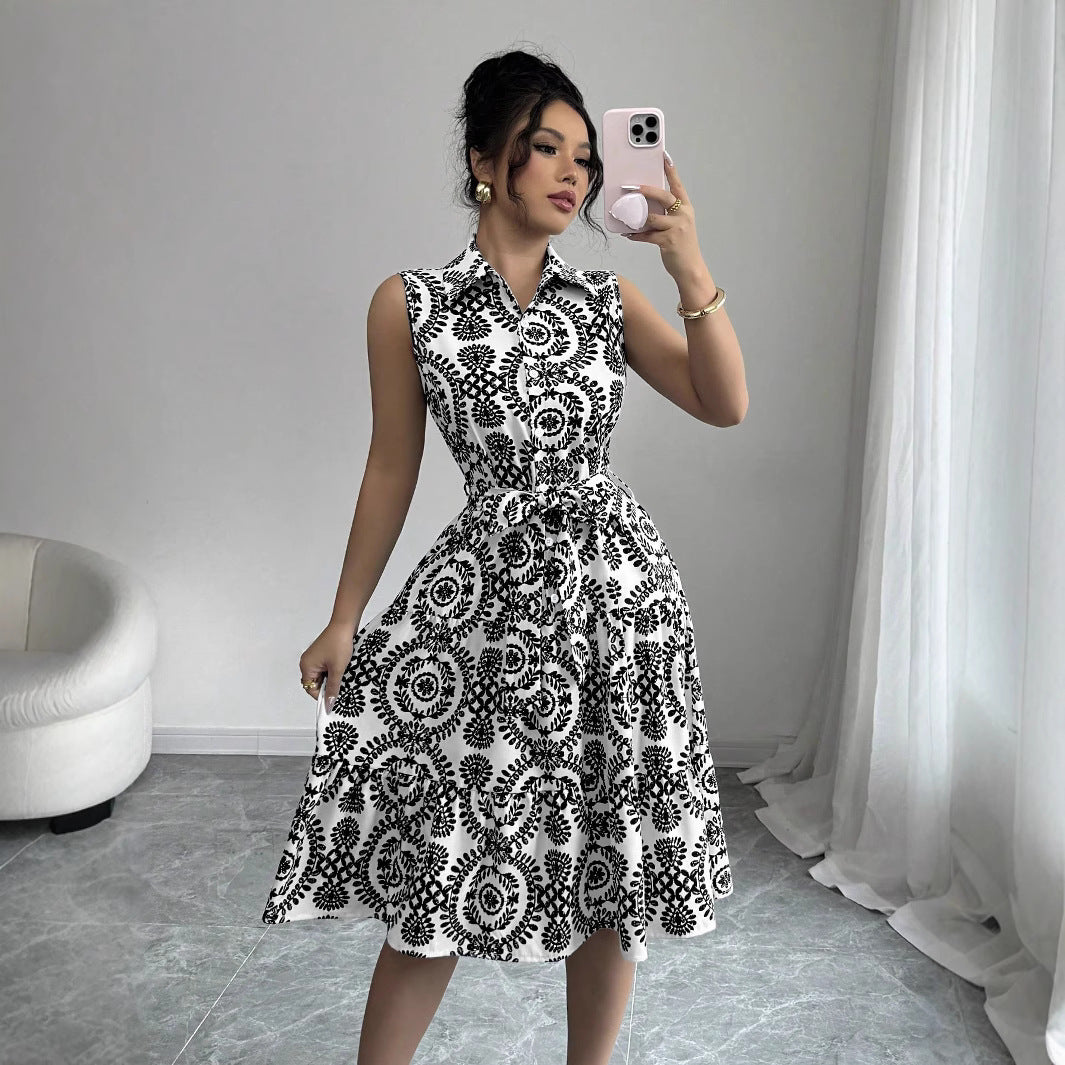 Stylish Printed Sleeveless Lace-Up Waist-Cinching Dress