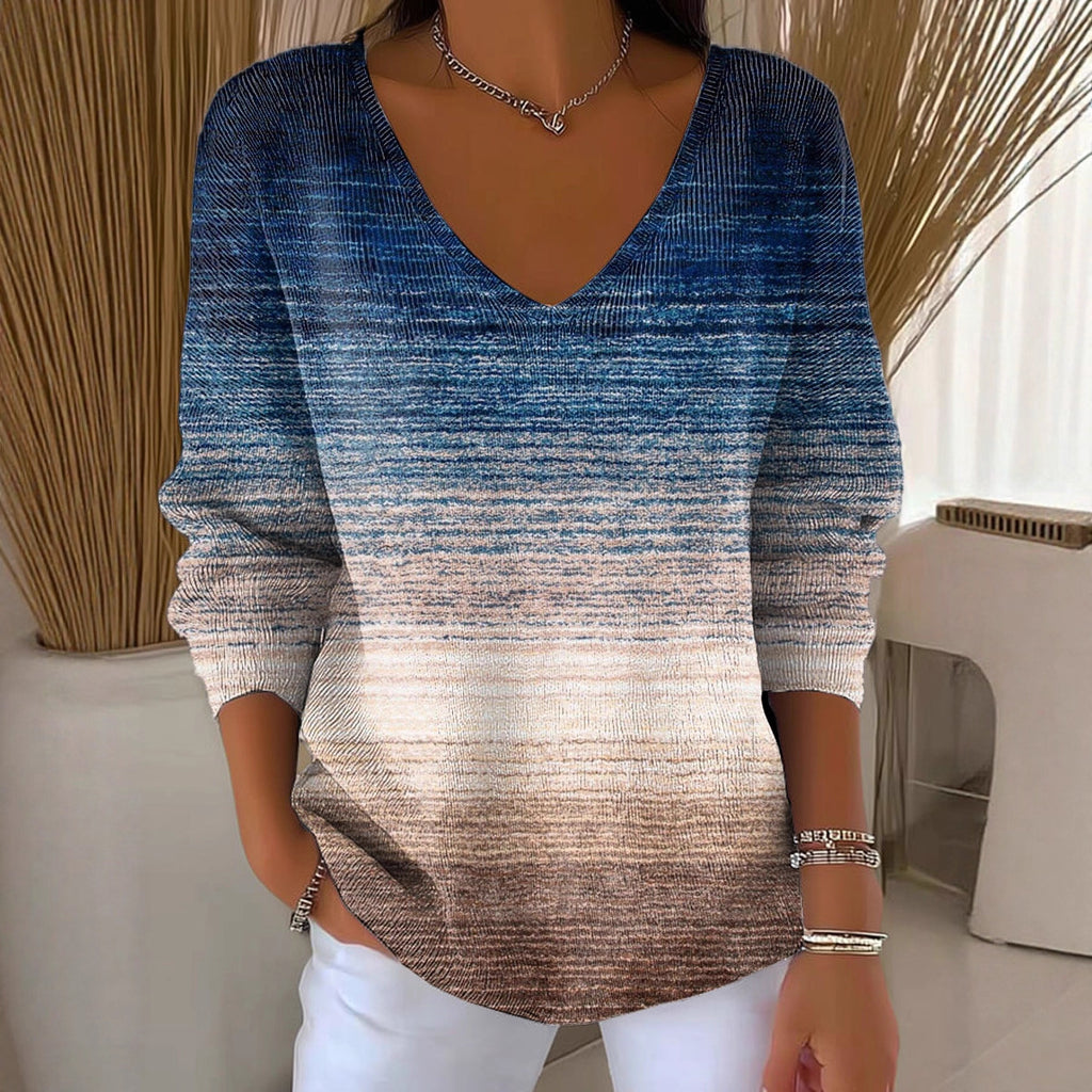New Drop-shoulder V-neck Long-sleeve Printed Women's Pullover