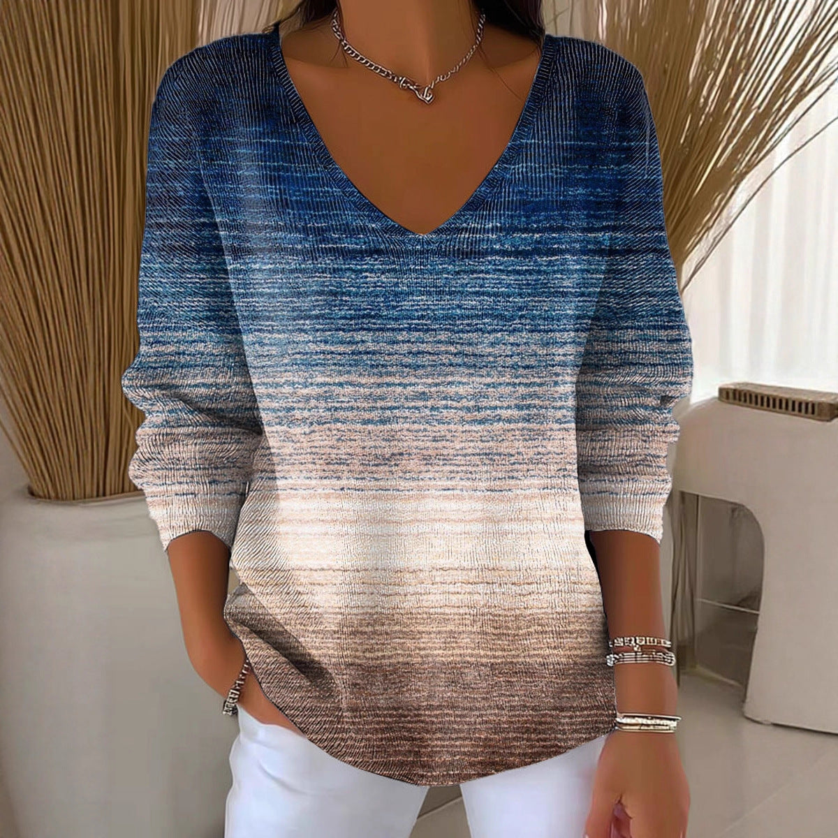 New Drop-shoulder V-neck Long-sleeve Printed Women's Pullover