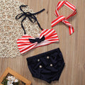 Red  White Stripe Swimsuit Headband 3pc Set