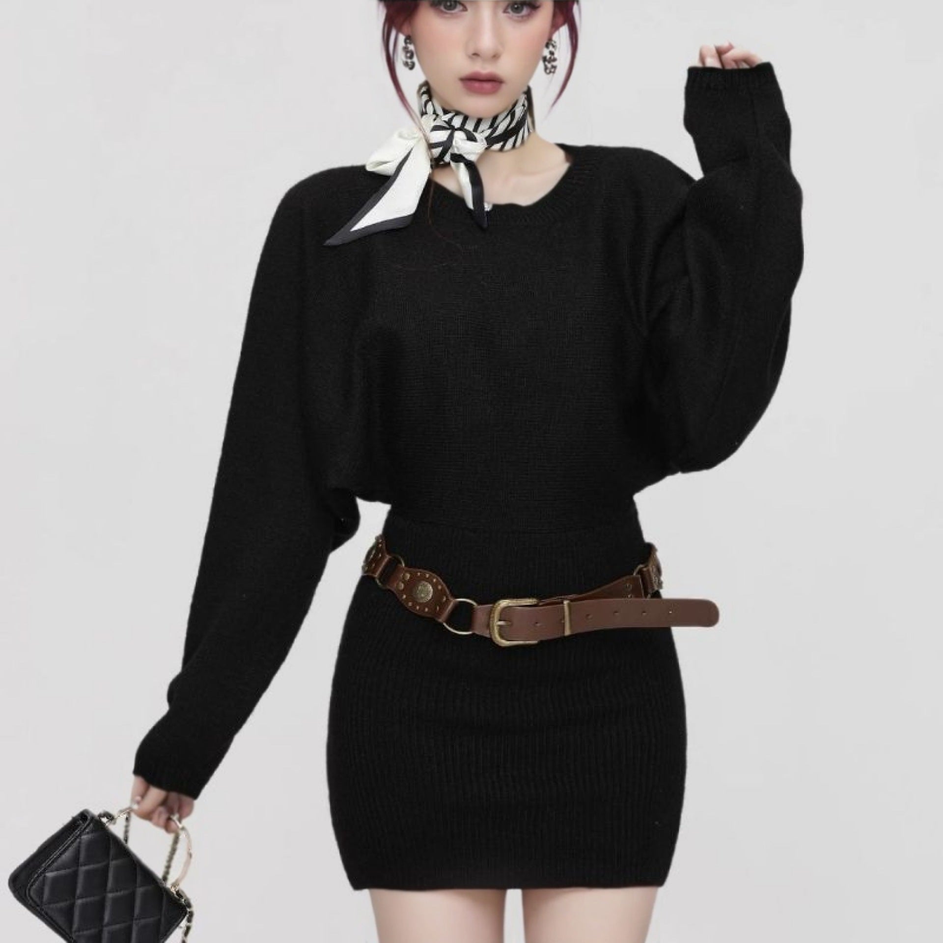 Womens Cinched Sheath-Fit Pure-Desire Knitted Sweater Dress For Layering