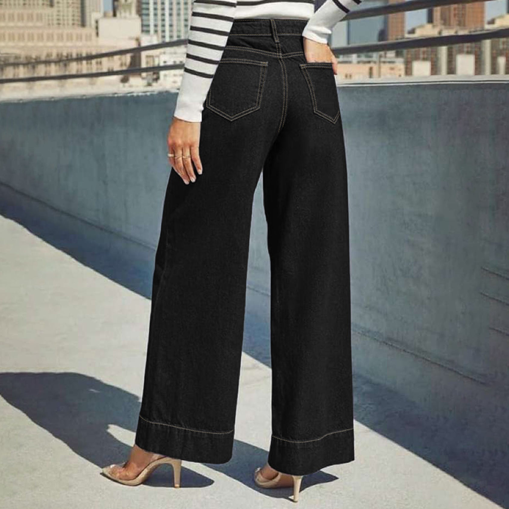 Womens Stylish Casual Black Wide-leg Jeans