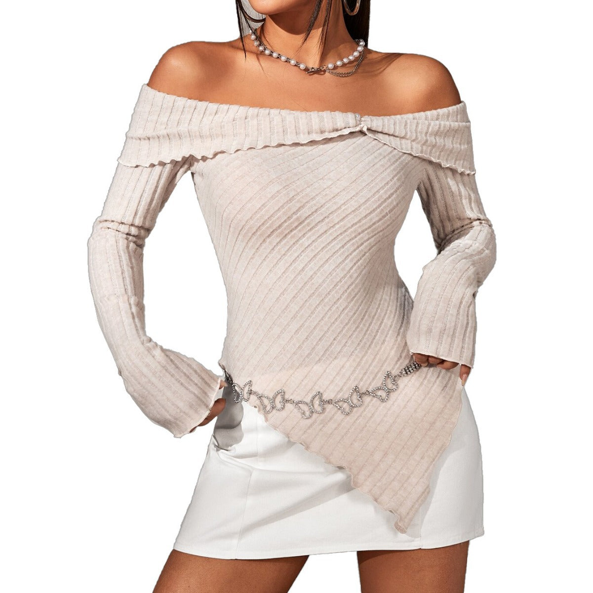 Autumn And Winter European And American Women's Clothing Off-the-shoulder Irregular Long-sleeved T-shirt Sexy And Elegant Top