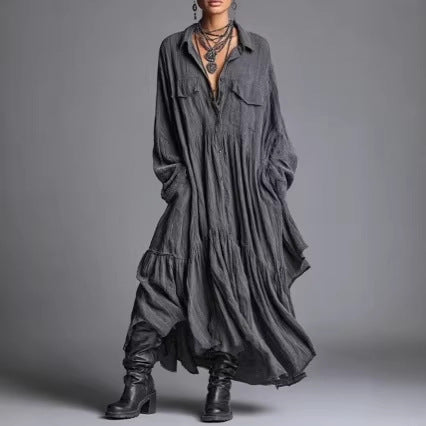 Artistic Retro Loose Pleated Long-Sleeve Shirt Dress