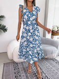 Women Casual Ruffle Trim Floral Print Tie Waist Maxi Vacation Dress