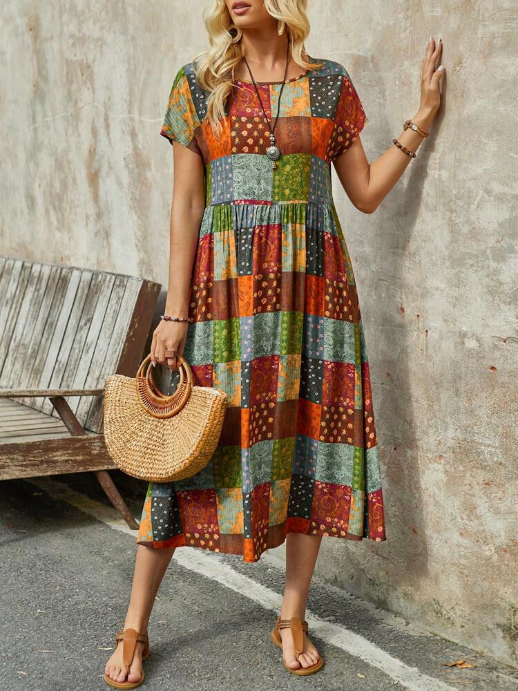 Womens Retro Colorful Polka-Dot Square-Printed Maxi Dress