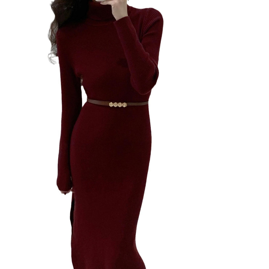 Womens Slim-Fit High-Neck Knitted Dress With Side Slit