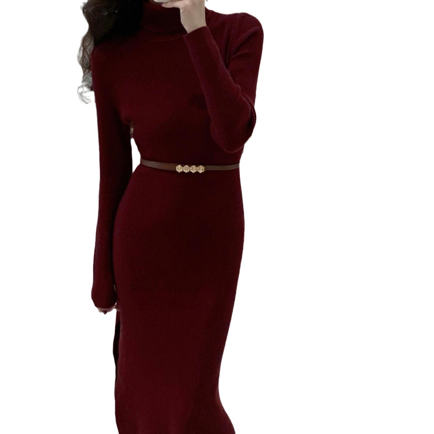 Womens Slim-Fit High-Neck Knitted Dress With Side Slit