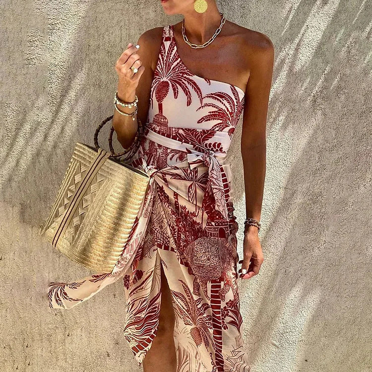 Womens One-Shoulder Strapped Swimsuit Set With Coconut Tree Print